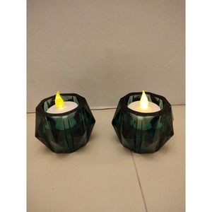 2 Vintage Dark Green Faceted Heavy Glass Candle Holders